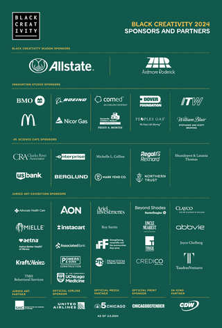 A list of Black Creativity Sponsors by level including Season Sponsors Allstate and Ardmore Roderick.